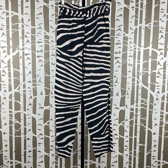 Linen Blend Zebra Print High Rise Paper Bag Waist Tapered Cropped Pants NEW 6 - Picture 5 of 9